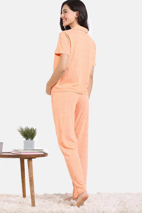 Zivame Pixel Play Knit Cotton Pyjama Set - Mock Orange — image 4